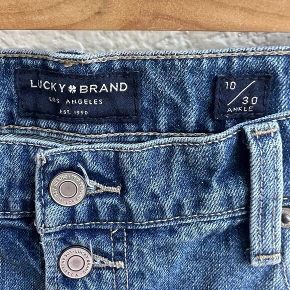 LUCKY BRAND High Rise Mom Jeans Drew Blue Sz 10/30 Raw Hem Exposed Buttons Ankle - Picture 3 of 11